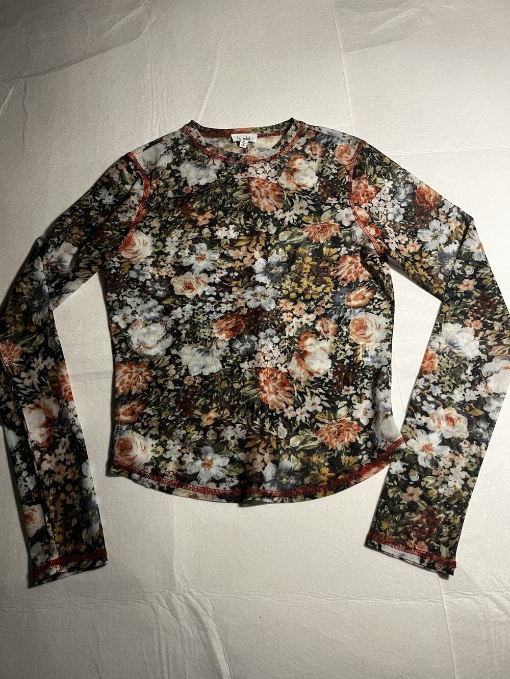 La Miel Women’s Medium Floral Mesh Long Sleeve Sheer Top Cottagecore Boho